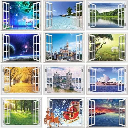 3d Fake Window Wall Stickers For Office Living Room Bedroom Home Decoration Sea Hill Animal Forest Space Scenery Mural Art Decal
