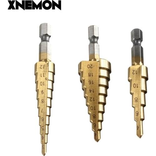 New high-quality 3-piece set 3-12mm 4-12mm 4-20mm titanium step drill High-speed steel power tools, auger, metal