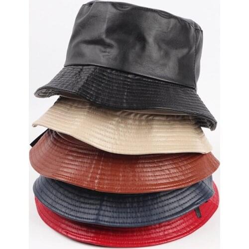 Fashion PU Bucket Hat Women Foldable Leather Panama Fishing Cap Female Hip-Hop Street Waterproof Sun Hats