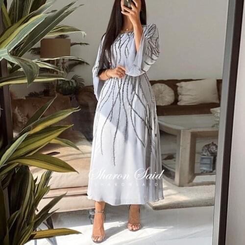Grey Beading Moroccan Kaftan Long Sleeve Dubai Muslim Evening Dress for Women Wedding Party Tea Length Arabic Midi Formal Dress