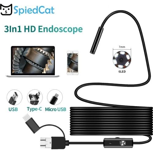 3in1 7mm Mini Lens 1/2/3.5/5/10m Soft Cable USB Endoscope IP67 Waterproof Borescope Inspection Windows Macbook PC Android Camera