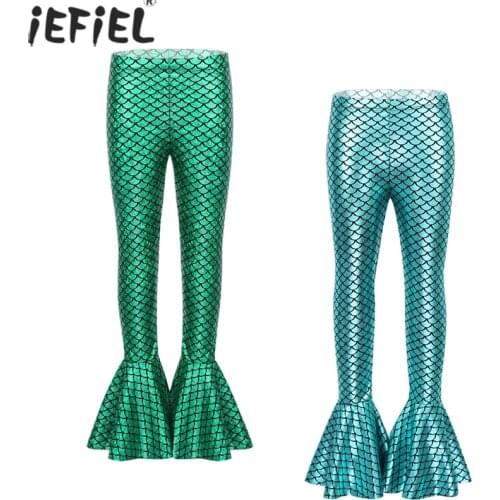 Spring Girls Mermaid Leggings Girls Flared Pants Kids Girl Shiny Scale Pants Slim Trousers Children Leggings for Halloween Party
