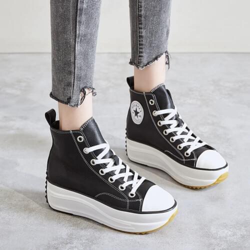 PU Leather high top shoes women autumn popular womens shoes 2020 new muffin shoes womens thick sole casual shoes