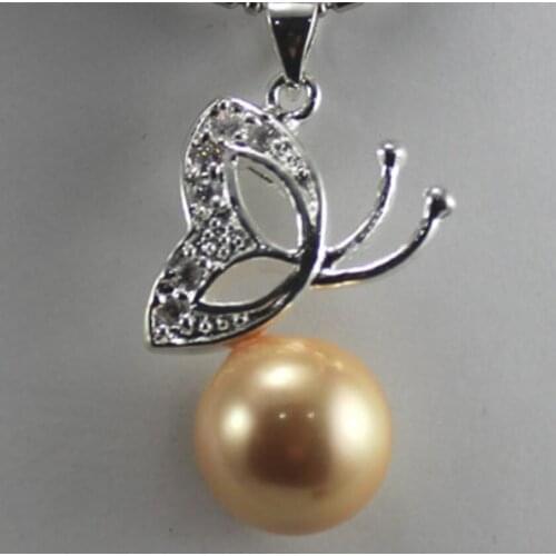 Womens fashion silver plated metal butterfly Accessories + yellow Shell Pearl Pendant Necklace