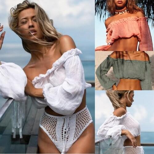 Women Bikini Cover Up Blouse Summer Swimwear Beach Off-shoulder Blouse T-Shirt Top Summer Bathing Suit Womens Swimsuit