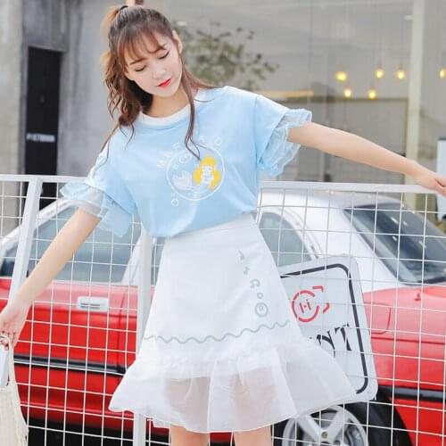 S-XL Womens T Shirt And Skirt Two Piece Sets Cartoon Print Short Sleeve T Shirts Elastic Waist Lace Patchwork Mini Skirt Set