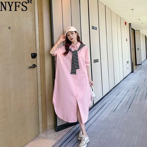 NYFS 2021 Korean New Loose Large Version Woman Dress Vestidos Robe Elbise Striped Shawl Two Pcs Shirt Dress Dress
