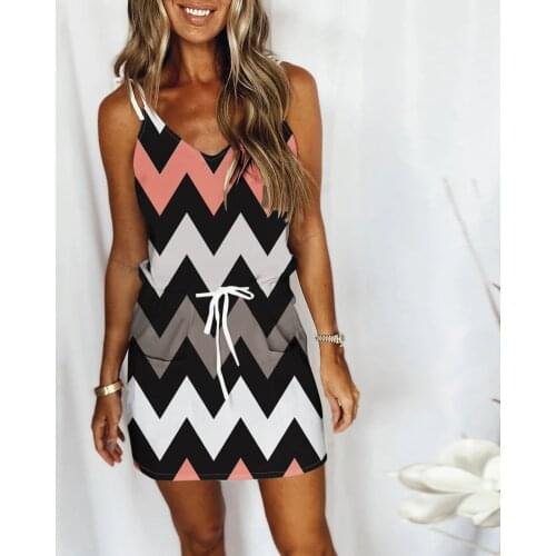 Womens Dress Fashion Wave Stripe Pattern V-neck Drawstring Pocket Suspender Dress Women Casual Summer Dress Beach Mini Sundress