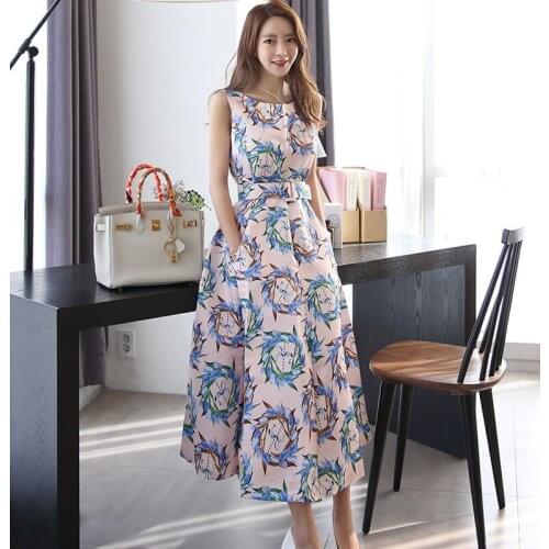 New arrival fashion print dress women elegant sleeveless beach dress temperament vintage high quality cute long a-line dress