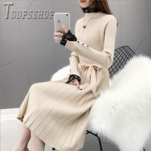 2019 Lace Knitting Women Dress Winter Thick Long Style Female Dresses