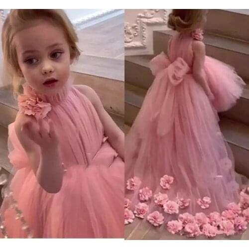 2021 Pink Flower Girl Dresses 3D Flowers Applique Short Front Long Back Girls Pageant Dress with Bow vestido de daminha Dress