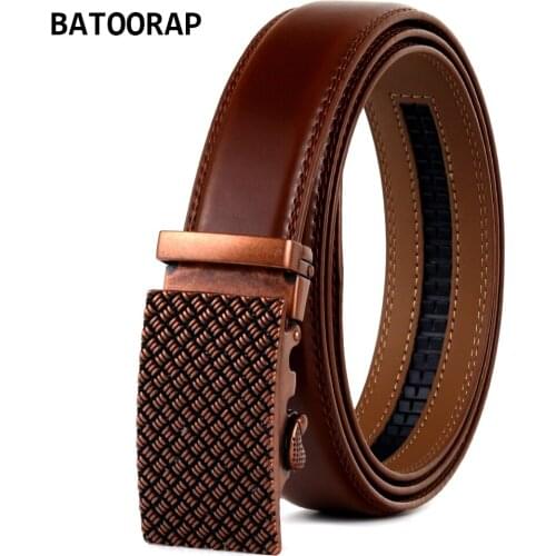 BATOORAP Mens Belts Cowhide Metal Buckle Automatic Fashion Brown Genuine Leather Ratchet Belt TZP-00013