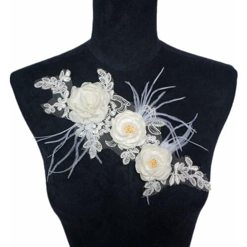 White Fabric 3D Flowers Feather Tassel Embroidered Appliques Lace Trims Mesh Sew On Patches For Wedding Dress Decoration DIY