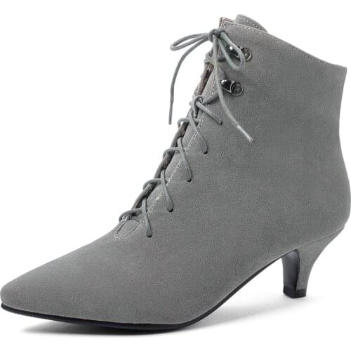 Fashion Lace Up Ankle Boots For Women New 2021 Casual Pointed Toe Beige Gray Womens Ankle Boots Short Shoes Lady Large Size 48