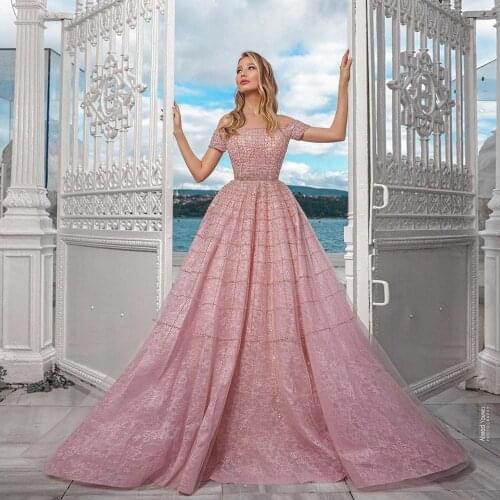 Dubai Evening Dresses Long Luxury New Arrival Pink Lace Beaded Beading Off the Shoulder Formal Gown