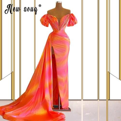 Elegant Shiny Pink Prom Party Dresses Deep V Neck Puffy Sleeves Long Evening Gowns Colorful Cocktail Dress with Long Train