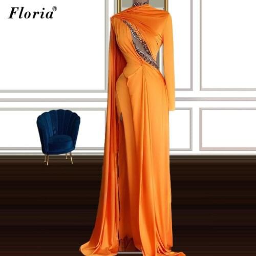 Muslim Orange Prom Dresses Mermaid One Shoulder Elegant Evening Dresses For Women Crystals Pageant Gowns Vestido De Fiesta