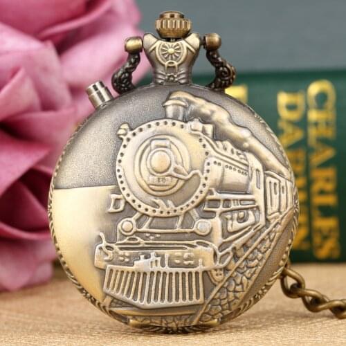 Bronze Running Steam Train Pocket Watch Men Bronze/Silver/Gold Case Quartz Watch Pendant Fob Chain Retro Clock Gift Reloj