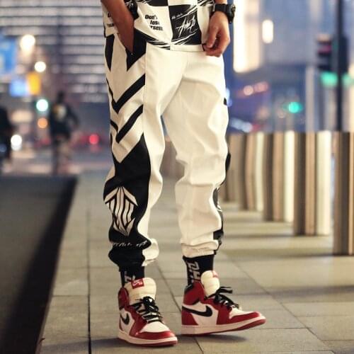 #7512 Summer Spliced Color Black White Hip Hop Pants Men Loose Elastic Waist Casual Harem Pants Joggers Mens Thin Ankle Length