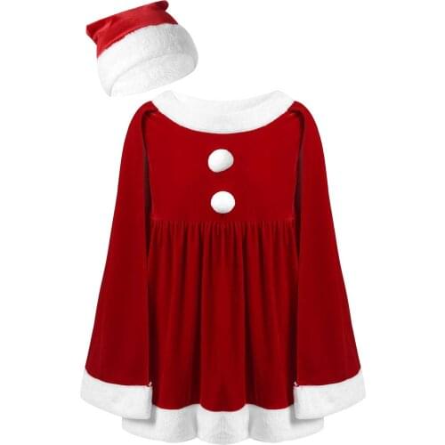 2021 Kids Girls Cloak Christmas Cosutme Outfit Sleeveless Cloak Dress White Pompom Ruffled Elastic Waistband with Hat 2Pcs Set