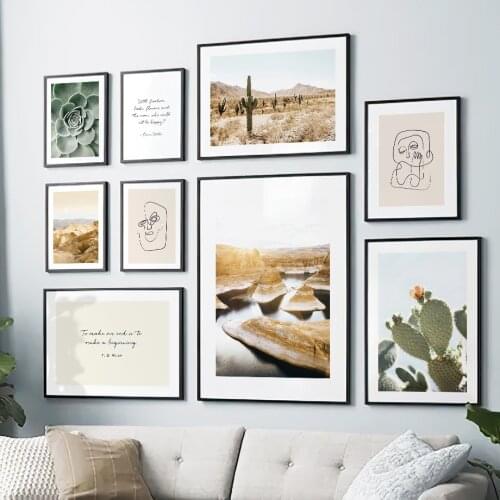 Cactus Desert River Flower Line Face Wall Art Canvas Painting Nordic Posters And Prints Wall Pictures For Living Room Decoration