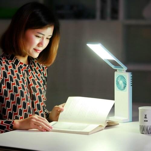 Two-in-one fan battery operated Table lamp,ABS material 1.5w DC 5v Green pink blue color fan study lamp lighting