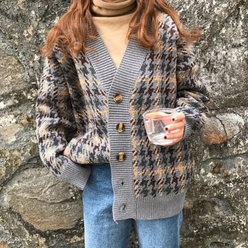 2021 New Autumn Winter Womens Sweaters Buttons Cardigans Plaid Harajuku Oversize Korean Knitted Lady Tops SWC1203JX