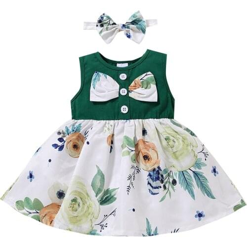 6M-3T New Fashion Summer Girls Dress Toddler Baby Sleeveless Floral Printed Princess Dress+Headbands Children Clothing