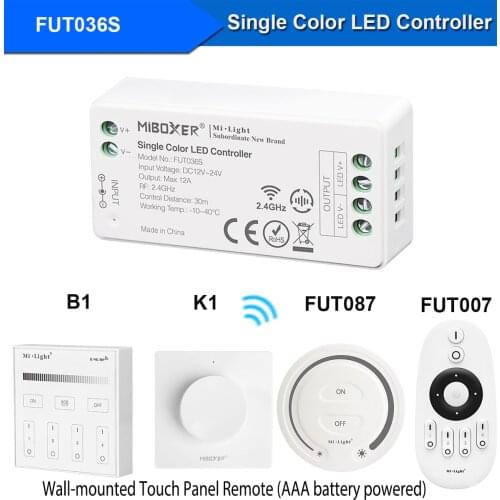 Miboxer Mini FUT036 DC 12V/24V 12A PWM Wireless 2.4G LED Dimmer Controller +Touch RF Remote for Single Color 5050 3528 LED Strip