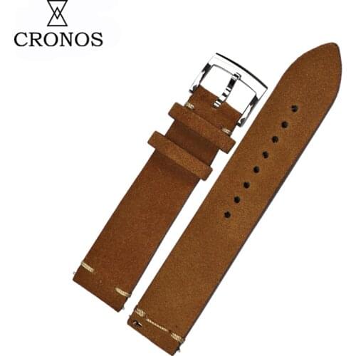 Cronos Watch Parts Genuine Leather Strap for Watch Flat Ends 20mm Stainless Steel Bronze Tongue Buckle Quick Release Spring Bars