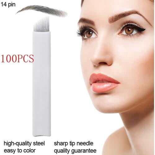 Tattoo Needles 100 Pcs Needle Blade 14 Pins Makeup Eyebrow Tattoo Microblading Needles For 3D Embroidery Manual Tattoo Pen