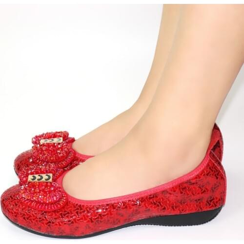 Gorgeous red women flats cover shoes with nice crystal bowtie style african lady dress shoes V268
