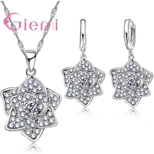 High Grade Women Girls Fashion 925 Sterling Silver Fashion Necklace Earrings Jewelry Set With Charm Rose Pendant Hot Sale