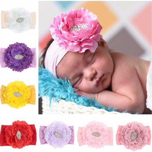 Yundfly Newborn Toddler Baby Girls Headwraps Peony Flower with Rhinestone Knot Nylon Turban Headband Hair Accessories