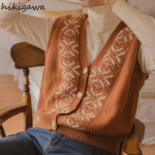 Hikigawa Womens Clothes Vintage Sleeveless Sweaters Vest Loose V Neck Women Tops Korean Fashion Cardigans Elegant Sweater Vests