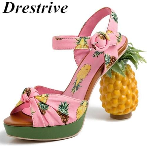 Drestrive Women Sandals Pineapple Thick Heel Platform Buckle 2020 Summer Female High Heel Shoes Fashion Print Fish Mouth