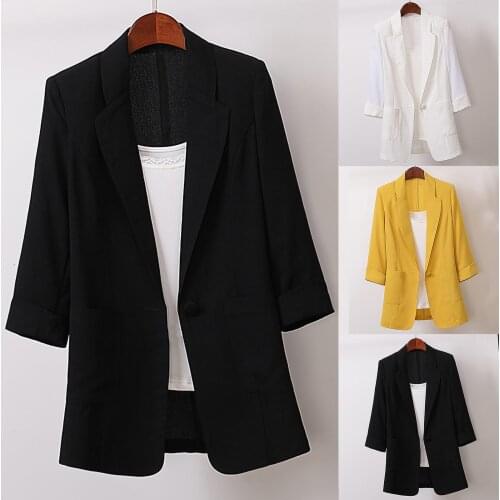 2021 Summer Cotton Linen Women Thin Blazers Jackets Fashion Office Lady Pocket Blazer Jackets Coats Solid Color Turndown Collar