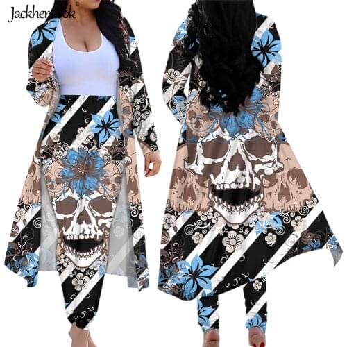 Jackherelook Coconut Bliss Skulls Pattern Women 2 Piece Club Outfits Long Sleeve Floral Open Front Cardigan High Waist Pants Set