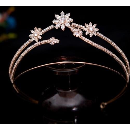 Fashion Zirconia Floral Wedding Crown Hair Tiara Women Headpiece Gold Color Bridal Hairband Accessories