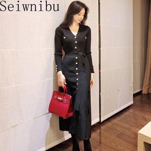 Korean Chic vestido Temperament Thin V-neck Single-breasted Lace-up Waist Slimming Base Knitted Dress Women 2020