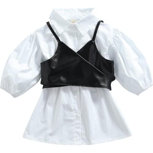 1-5Years Toddler Girl 2Pcs Fall Outfits Long Sleeve Button Down Lapel Dress + Tie Up Wrap Camisole Set