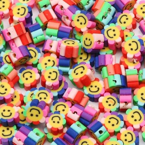 50/100pcs 10mm Mixed Sunflower Smile Polymer Clay Beads Clay Loose Spacer Beads For Jewelry Making DIY Handmade Accessories