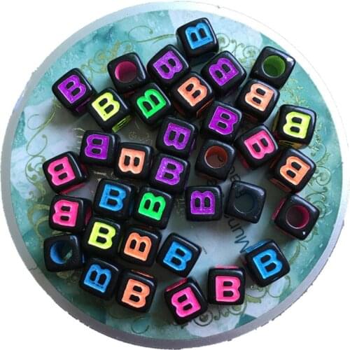 Free Shipping 1900PCs/Lot 7*7MM Cube Acrylic Letter Beads Mixed Neon Colors Initial B Printing Plastic Alphabet Jewelry Beads