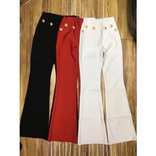 3 Color New Fashion Women Pants Gold Button High Skinny Rayon Bandage Pants