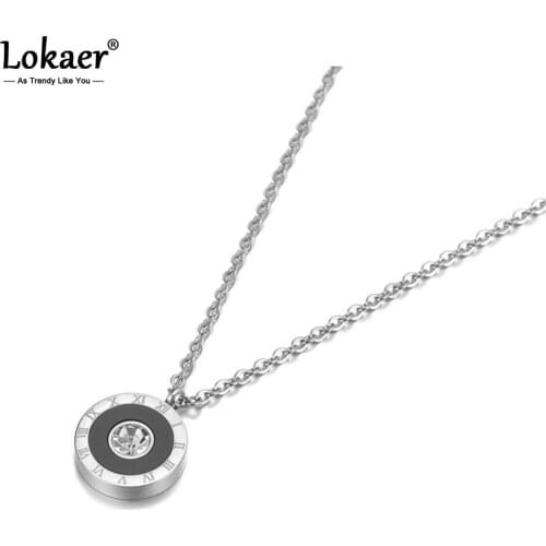 Lokaer Rose Gold CZ Crystal Roman Numeral Pendant Necklace For Women Stainless Steel Link Chain Black Acrylic Necklace N19106