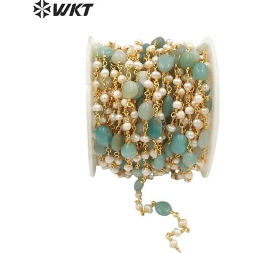 WT-RBC170 Gorgeous Natural amazon stone beads chain with pearl mix elegant jewelry DIY necklace chain with wire wrapped charms