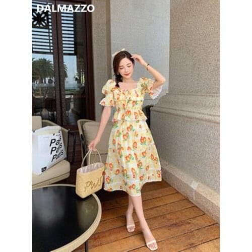 DALMAZZO 2021 Summer Vintage Prairie Chic Print Women Square Collar Flare Short Sleeve Tops + Half Skirt 2 Pieces Set Female