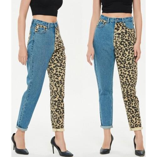 Fashion Leopard Print Colorblock Straight Denim Pants Jeans Women High Waist Long Pant Trousers Female Fall Winter Streetwear
