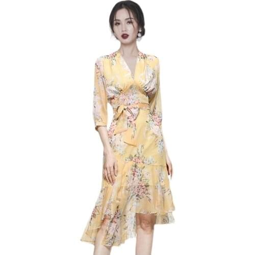 Elegant print Dress 2 piece set korean ladies Summer Sexy yellow cabaret Party A line formal Dresses for women
