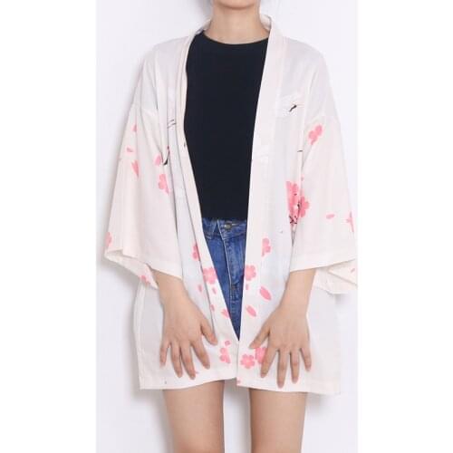 Japanese Kimono Cherry Print Yukata Women Kimono Shirt Tops Casual Harajuku Female Kimonos Kawaii Kimono Asian Cosplay Costume